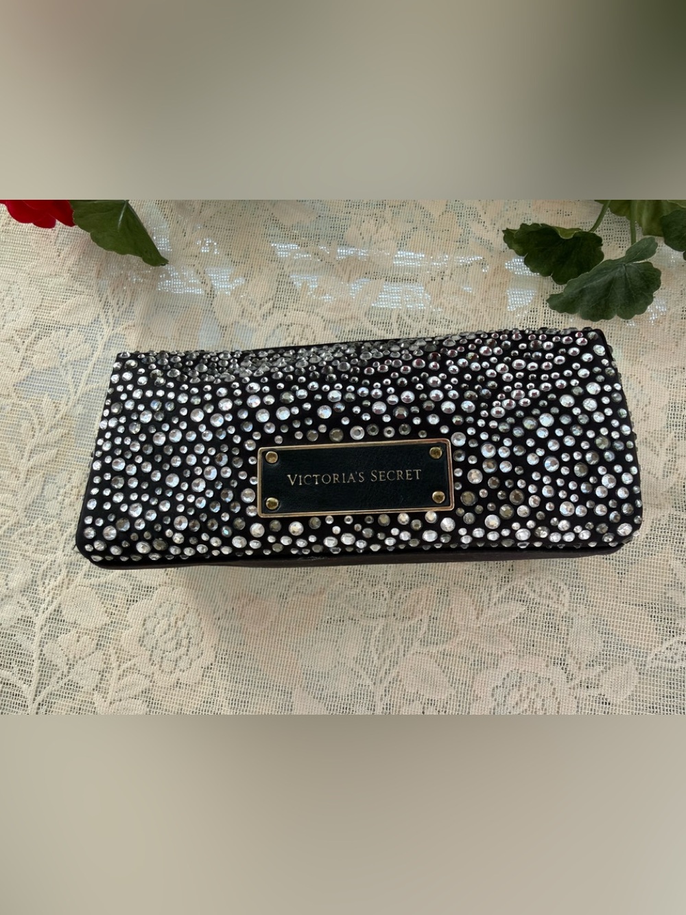 VICTORIA’S SECRET “RHINESTONE CRYSTAL” STUDDED, SMALL COSMETIC BAG.